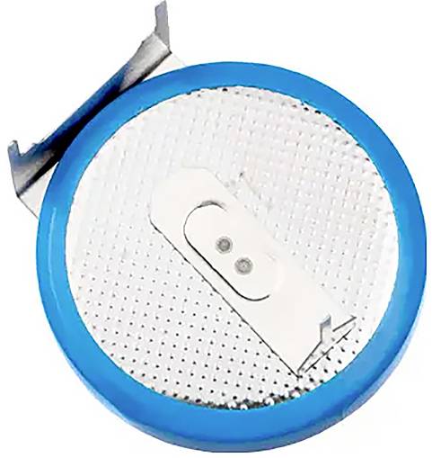 Round, blue button cell with silver top surface and terminals. Electronic component for powering small devices.