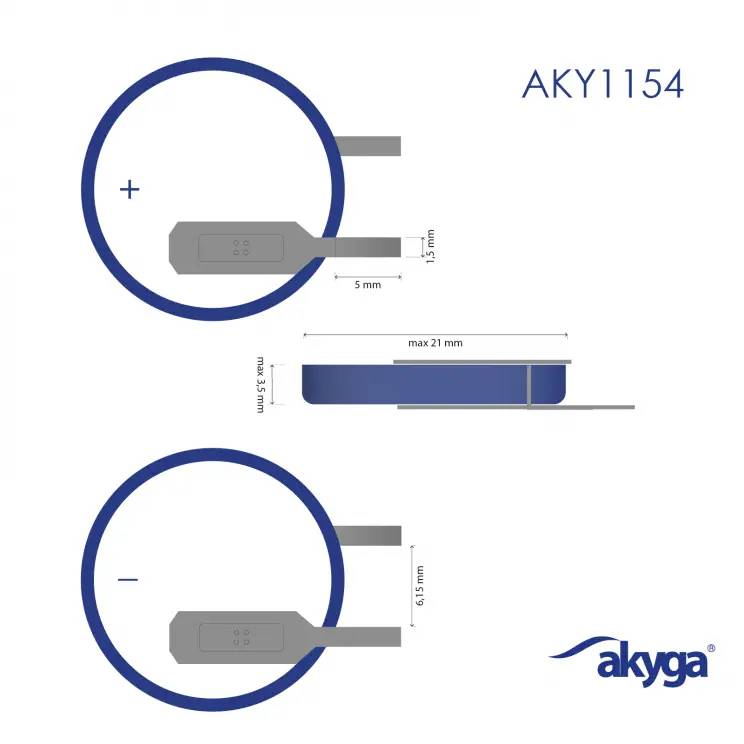 Technical drawing of the Akyga AKY1154 charger with dimensions: 55 mm diameter, 5 mm thickness, 415 mm cable length.