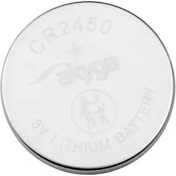 Silver button cell with the inscription 'CR2450 3V Lithium Battery' and brand.