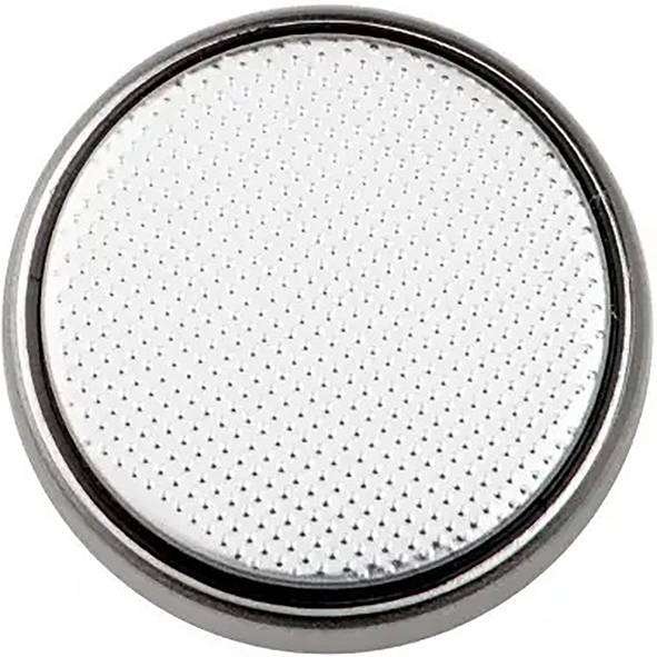 Silver-coloured button cell, typically used in small electronic devices such as watches and calculators.