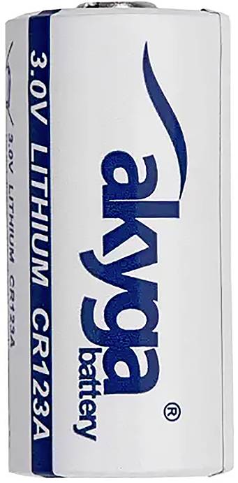 Akyga brand CR123A lithium button cell, 3.0V.