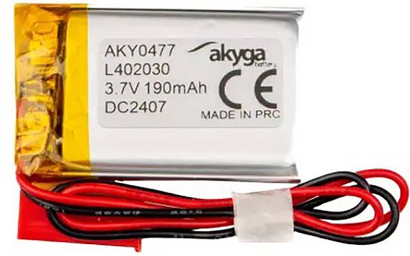 Small rectangular battery with 'akya battery' inscription, 3.7V, 190mAh, manufactured in PRC. Red and black wires are attached.