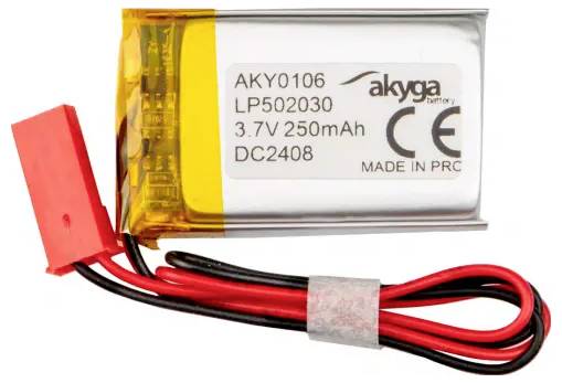 Battery with the inscription 'AKY0106, LP502030, 3.7V 250mAh, DC2408, MADE IN PRC', with red and black cables and a red plug.