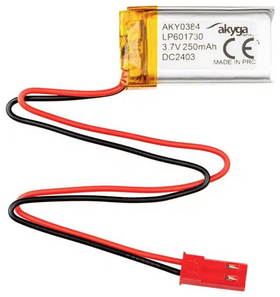 Lithium-Polymer battery with red and black connection wires. Capacity: 250mAh, Voltage: 3.7V, Manufacturer: Akyga.