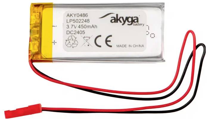 Lithium-ion battery with cables and plug. Label: 'akyga battery', Capacity: 3.7V 450mAh, made in China.