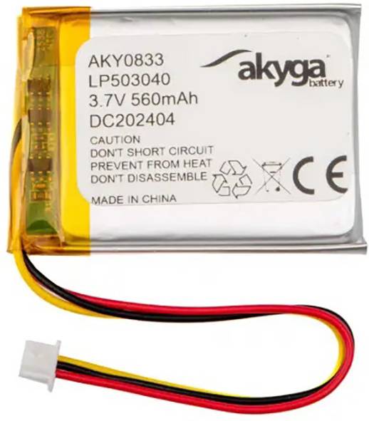 A rectangular battery with the inscription: 'Akyga battery, 3.7V, 560mAh'. Underneath warning notes: 'Do not short circuit. Prevent from heat. Do not disassemble'.