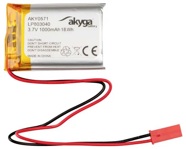 Battery with 'akyga battery' inscription, 3.7V 1000mAh, 18Wh, red and black cables. Warning: Avoid short-circuiting, protect from heat.