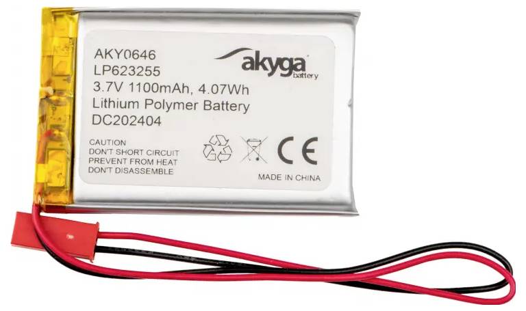 A rectangular battery with the inscription 'Lithium Polymer Battery 3.7V 1100mAh, 4.07Wh', with two cables protruding.