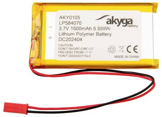 Lithium-Polymer battery by Akyga with 1500mAh capacity at 3.7V. Warning on the battery: 'Do not short circuit'.