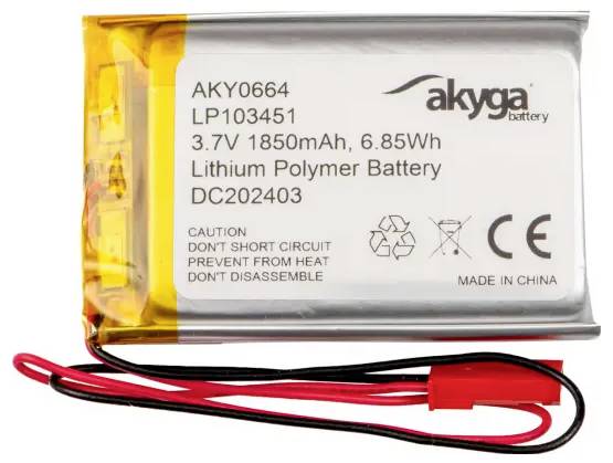 A lithium-polymer battery labelled '3.7V, 1850mAh, 6.85Wh'. Contains safety warnings and a cable with a red connector.