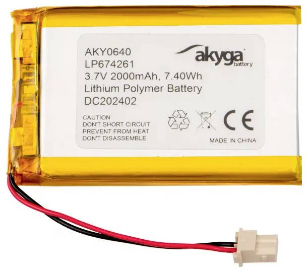 Lithium-Polymer Battery by Akyga, Model AKY0640, 3.7 V, 2000 mAh, 7.40 Wh. Warning: Do not short-circuit or dismantle the circuits.