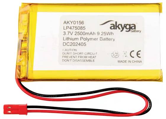 Lithium Polymer Battery by Akyga, Model Number AKY0156, 3.7V, 2500mAh. Warning Notes: Do not short-circuit, protect from heat, do not disassemble.