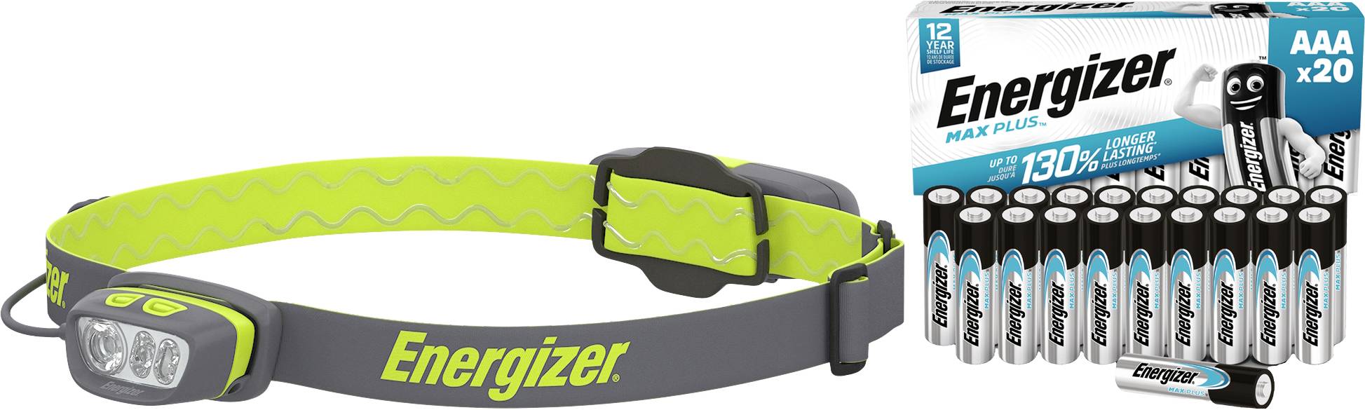 An Energizer head torch, neon yellow, with an Energizer battery pack (AAA, 20 pieces) beside it. The batteries provide up to 130 hours of illumination.