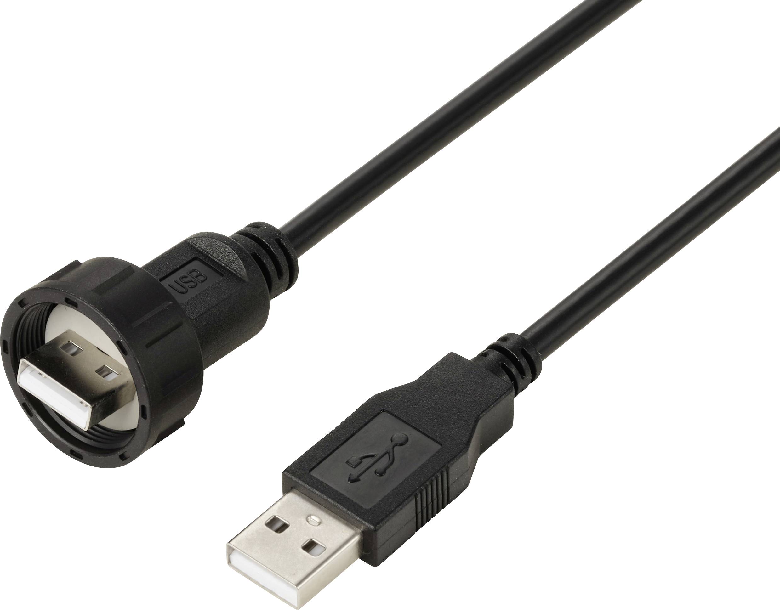 A black USB cable with two different connectors; on the left a mini-USB connector, on the right a standard USB connector.