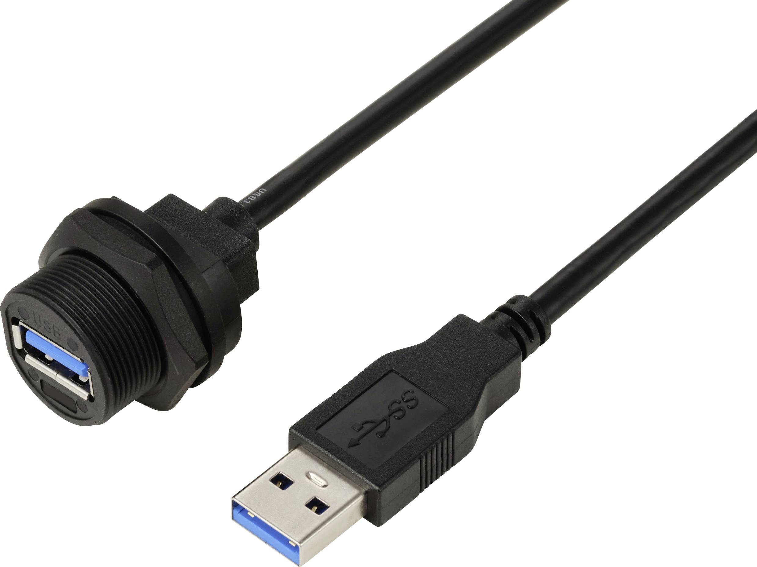 USB 3.0 Cable with Connector. Left connector permanently installed, right connector loose with USB plug. Suitable for data transfer.