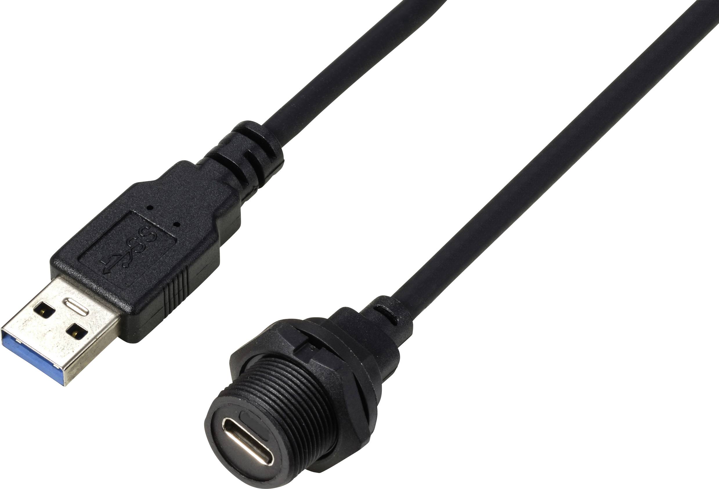 A black USB 3.0 cable with a USB-A plug terminating in a USB-C connector, suitable for device connections.