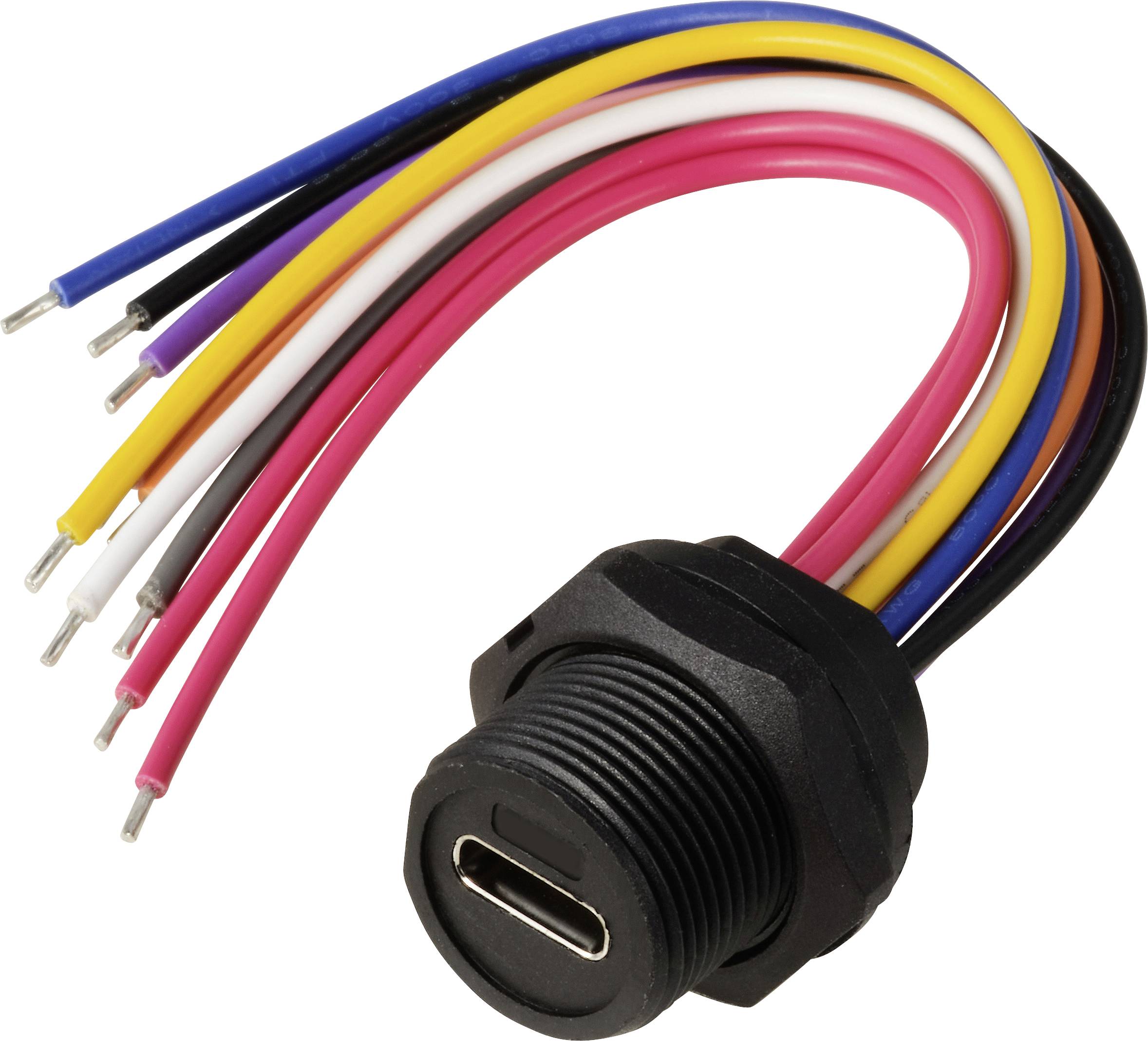 USB-C port adapter with seven coloured cables, each with exposed ends.