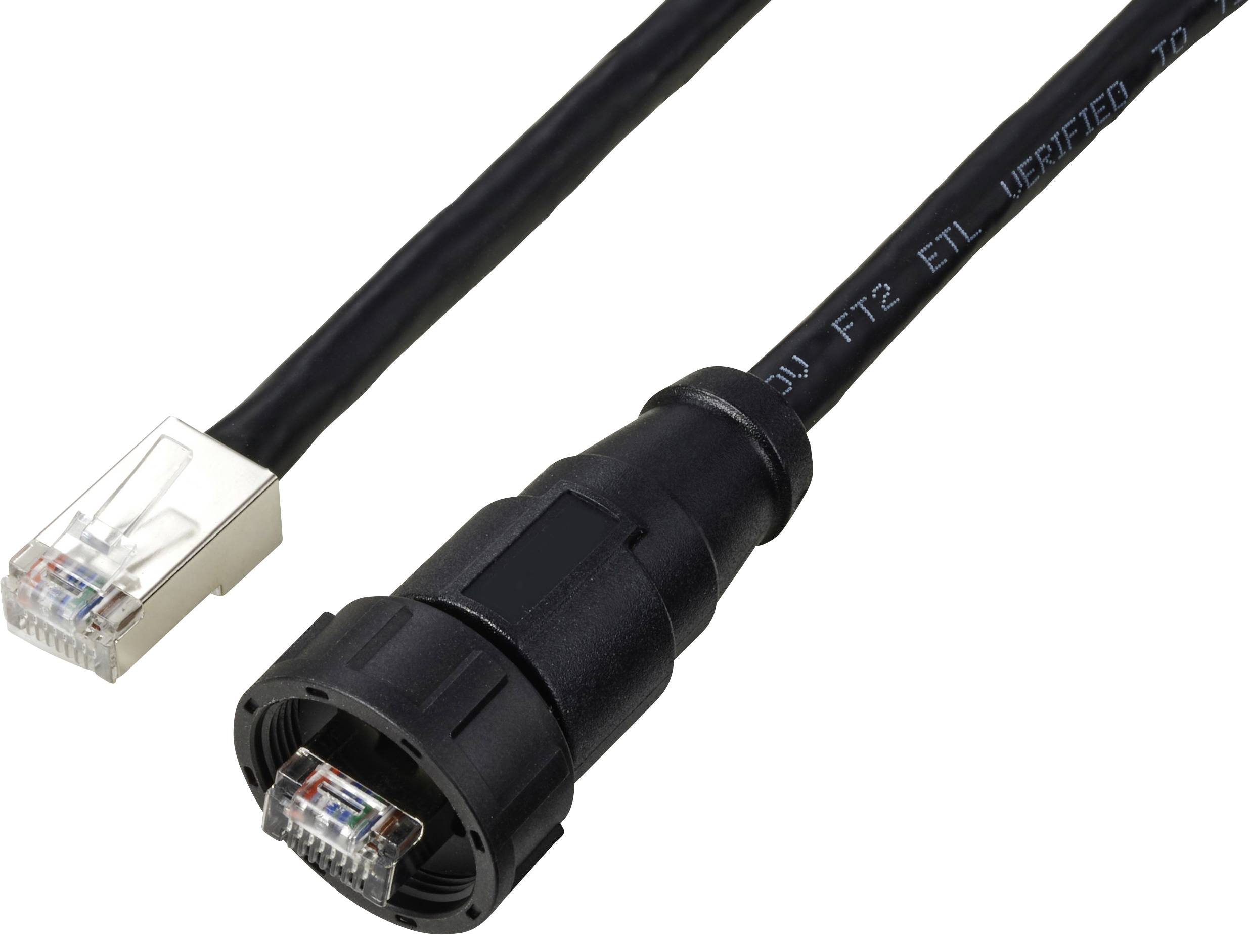 Two network cables: on the left a standard RJ45 plug, on the right a robust, weatherproof connector for industrial applications.