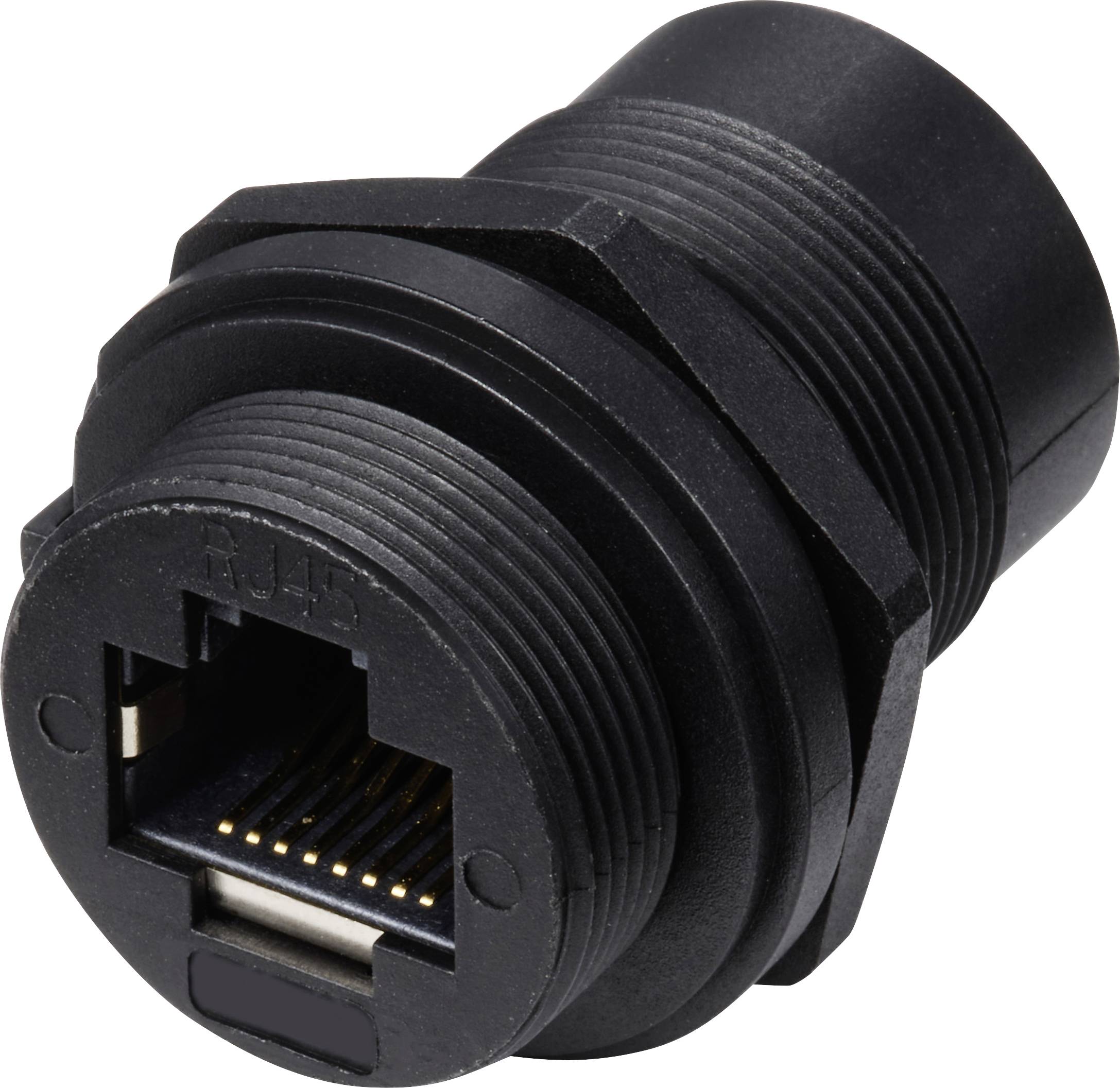A black Ethernet cable connector with a robust, ribbed housing for enhanced durability in industrial applications.