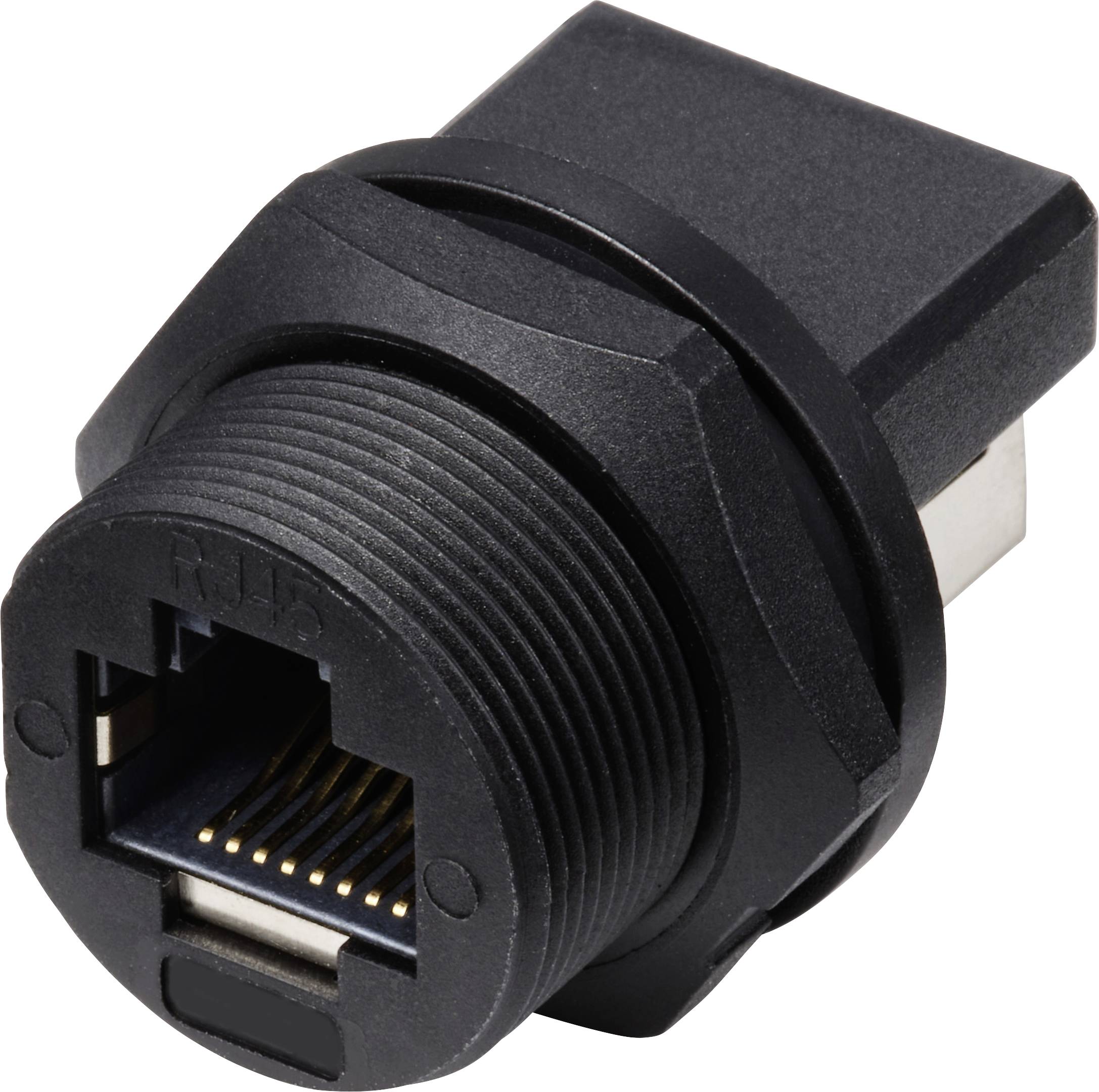 Black RJ45 network connector adapter, in industrial design, for panel mounting, showing pins and housing.