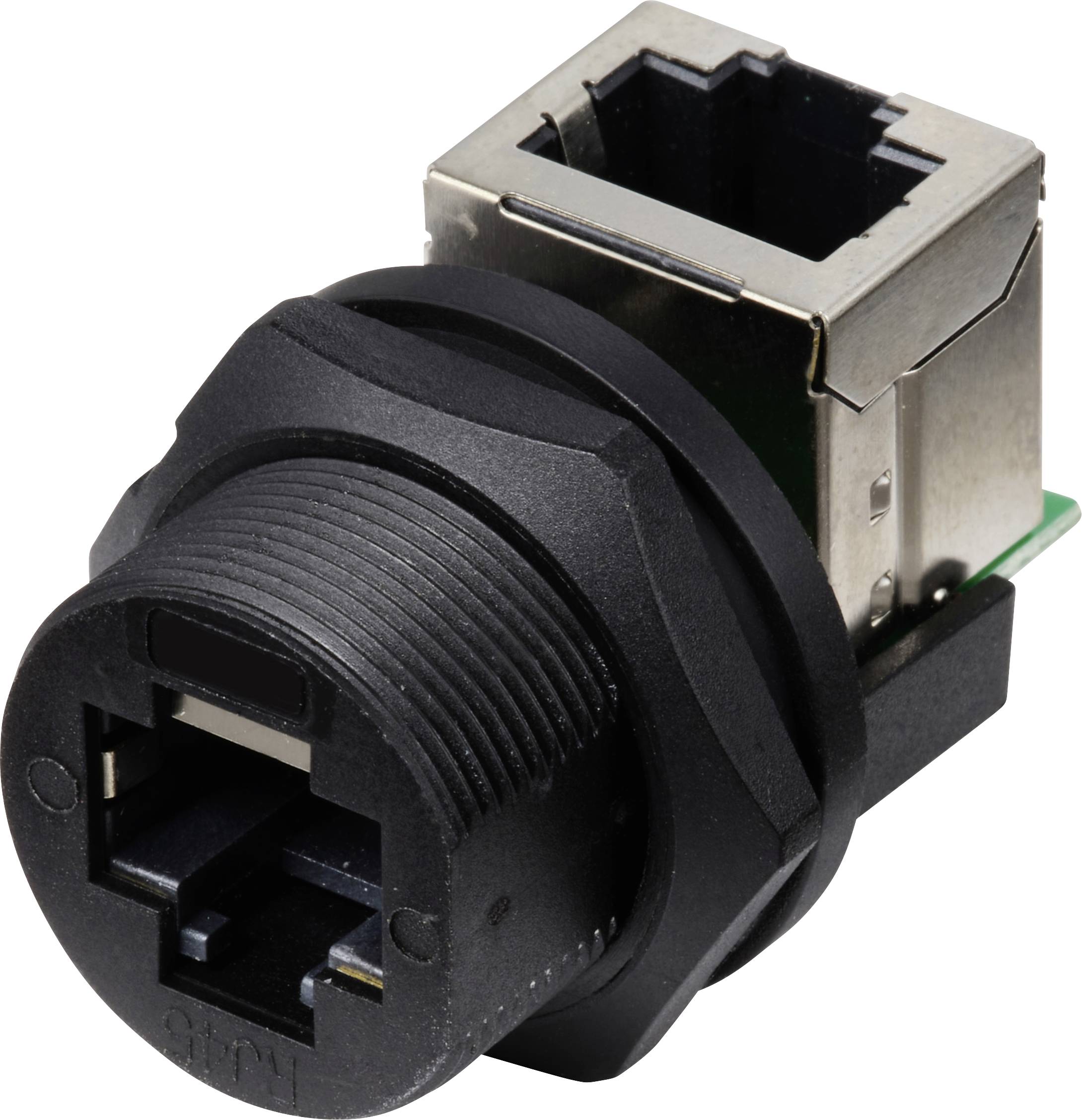 Black RJ45 network socket with metal casing and circuit board, suitable for wired network connections in devices.