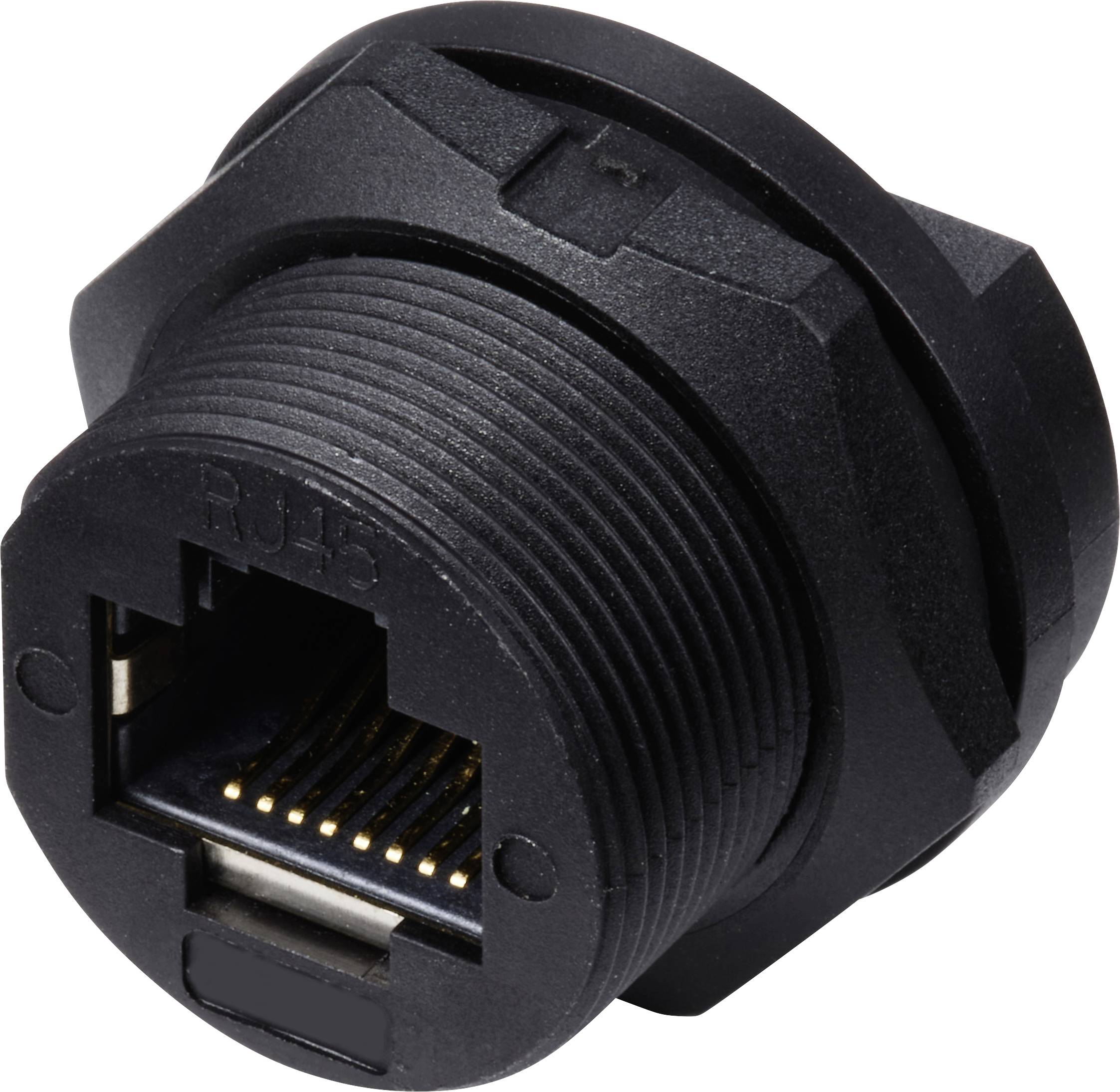 A black, round RJ45 Ethernet socket, shown from the side. Suitable for securely connecting network cables in devices.