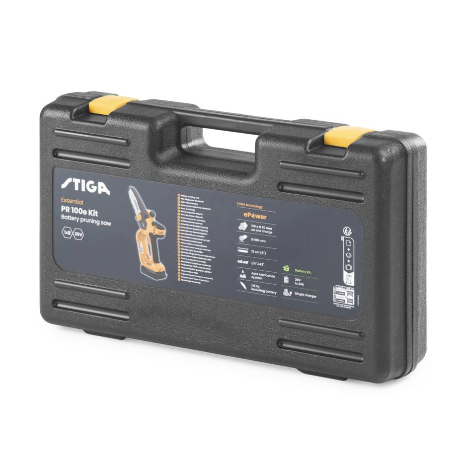 Black case with print 'STIGA Essential PR 100e Kit'. Contains product information, such as battery capacity and features.