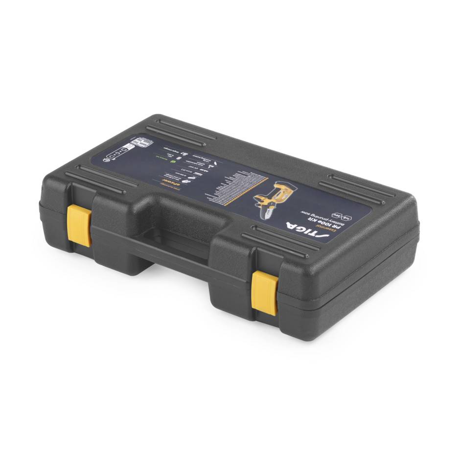 A black tool case with yellow clasps, PRAGER logo and an illustration of an electric tool on the lid.