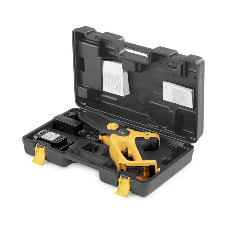 Yellow electric screwdriver in an open black case, with battery charger and accessory compartments, suitable for DIY projects.