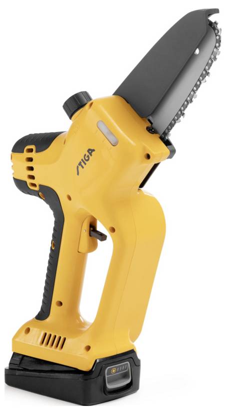 Yellow cordless chainsaw with a black blade and battery-operated handle, standing upright.