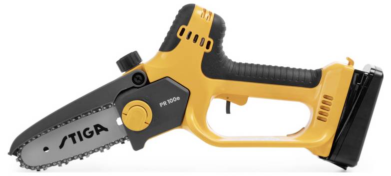 Cordless hand chainsaw in yellow and black with 'Stiga' logo, ergonomic handle, and compact design for easy use.