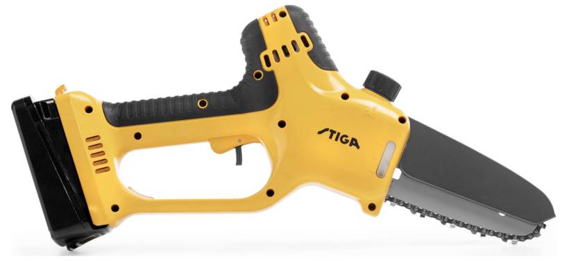 A yellow, cordless chainsaw with a black handle and battery-powered motor, suitable for garden work or small woodcutting tasks.
