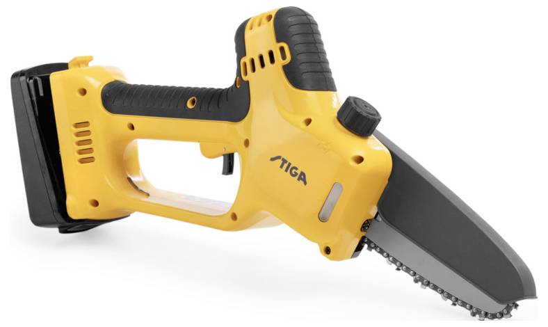 Battery-powered Mini Chainsaw in Yellow with Ergonomic Handle. Suitable for Light Garden Pruning and Compact Work.