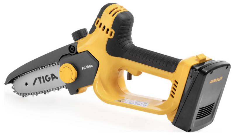Yellow battery-powered chainsaw with a black handle and silver blade, brand and model visible on the blade.