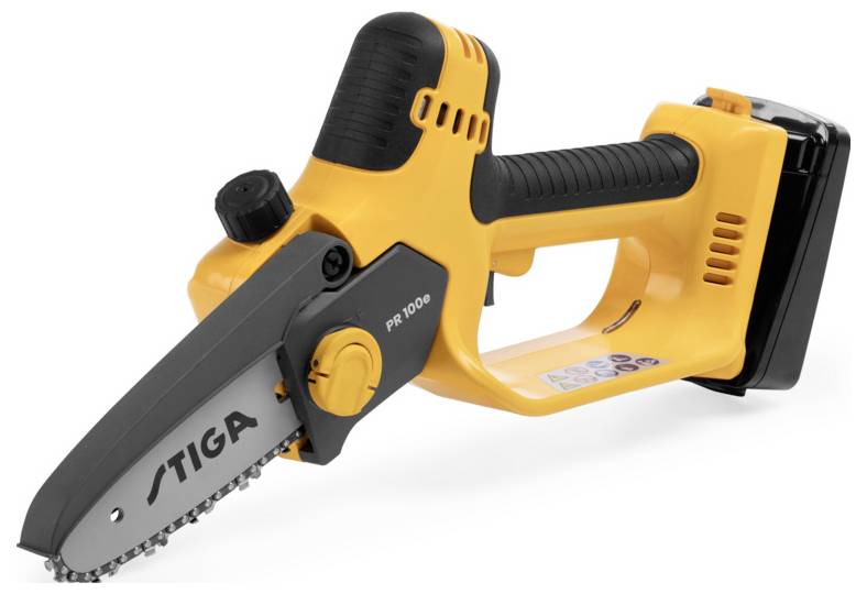 A yellow, portable battery-powered saw horse with a black handle and chainsaw attachment, suitable for DIY and manual work.