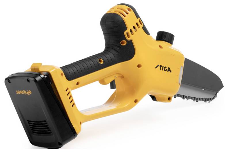 Yellow and black cordless chainsaw with an ergonomic handle and removable battery, suitable for easy and precise cutting.