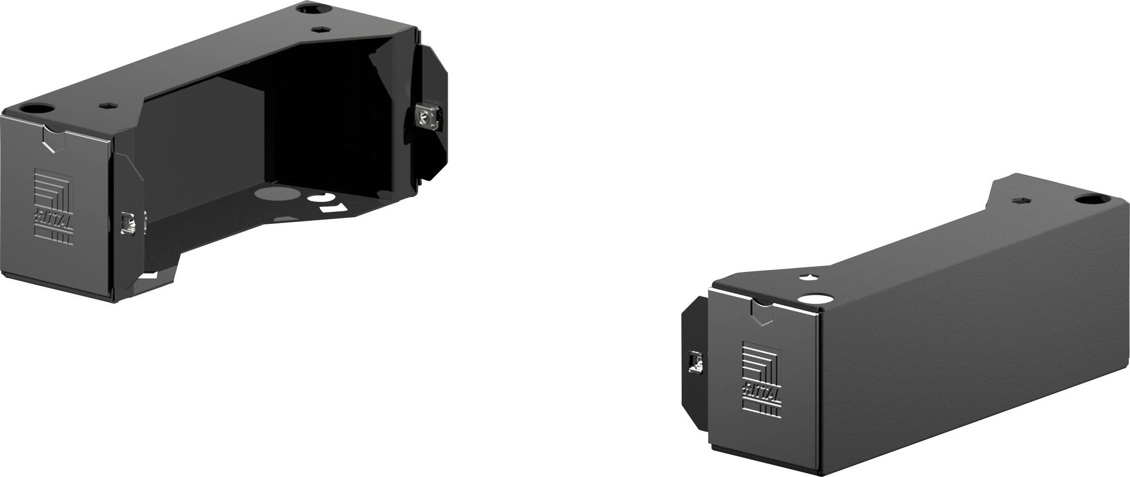 Black metal angle bracket with two mounting holes, angled design, and embossed logo. Suitable for stabilisation.