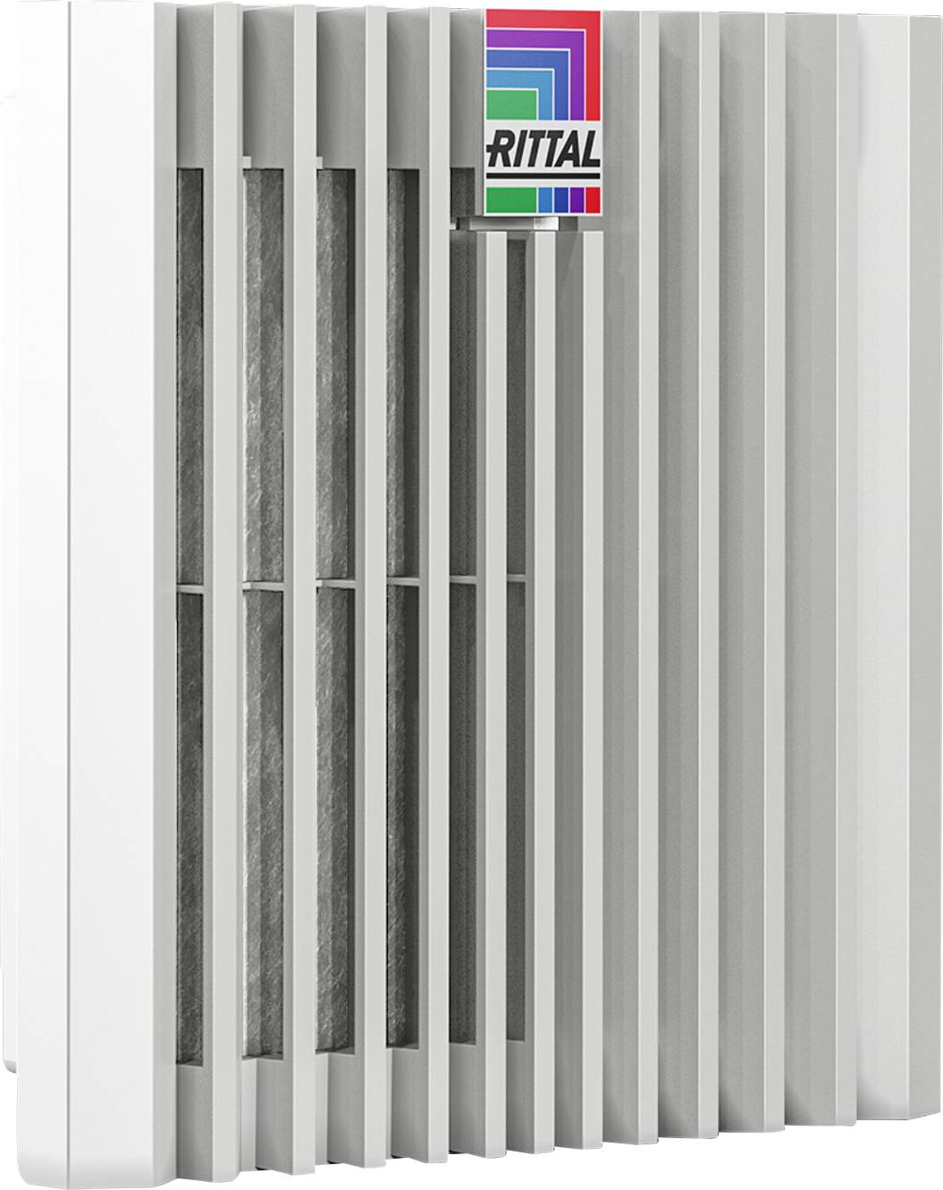 Ventilation grille with vertical louvres, brand logo positioned top right. Air circulation in technical systems or enclosures.