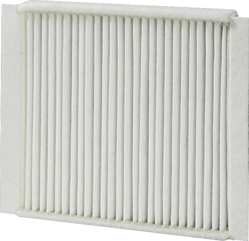 A rectangular, white air filter with vertical vanes, used for purifying air in air conditioning systems or vacuum cleaners.