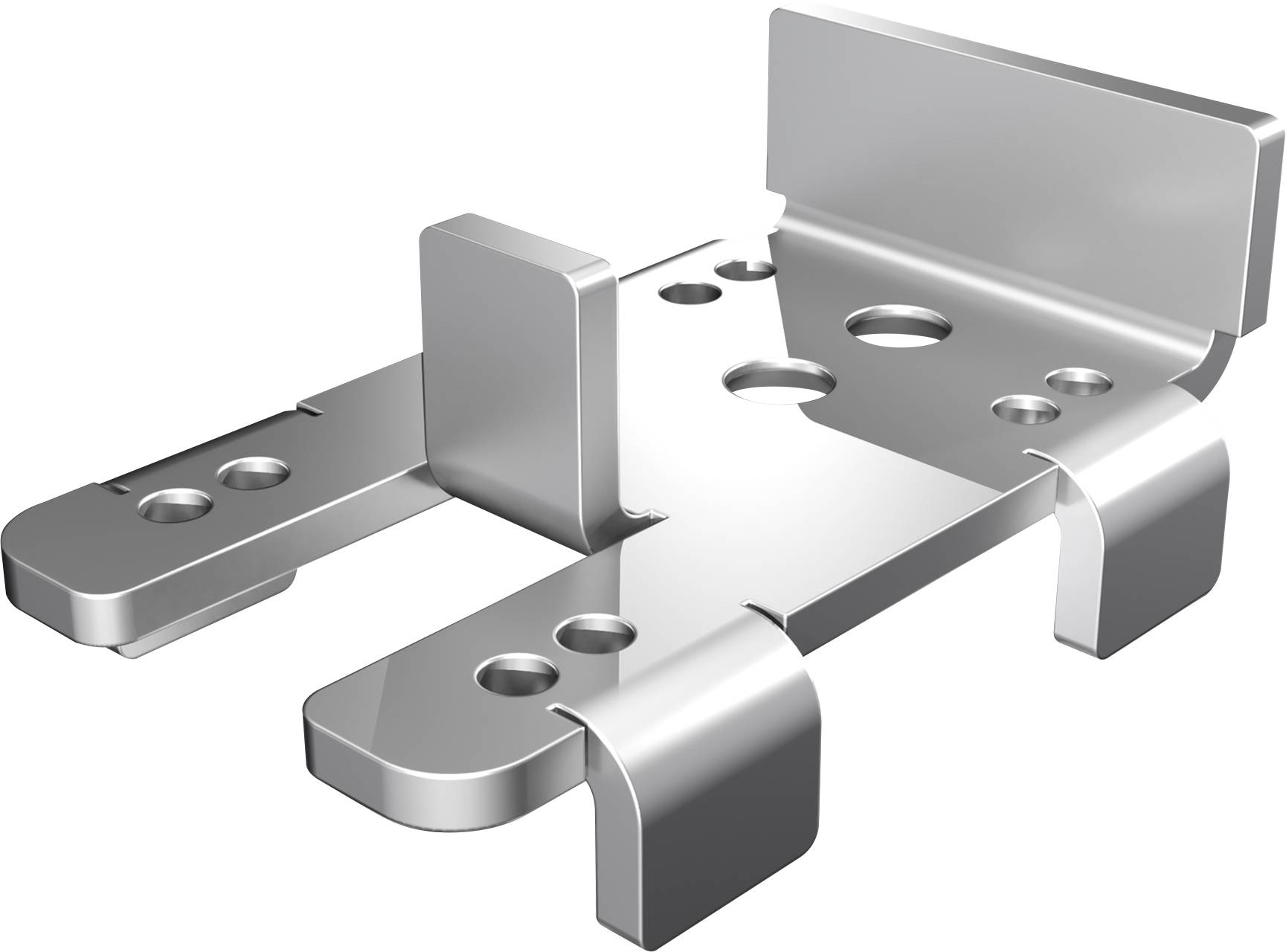 Stainless steel metal bracket with multiple holes and raised edge, suitable for technical applications or fixings.