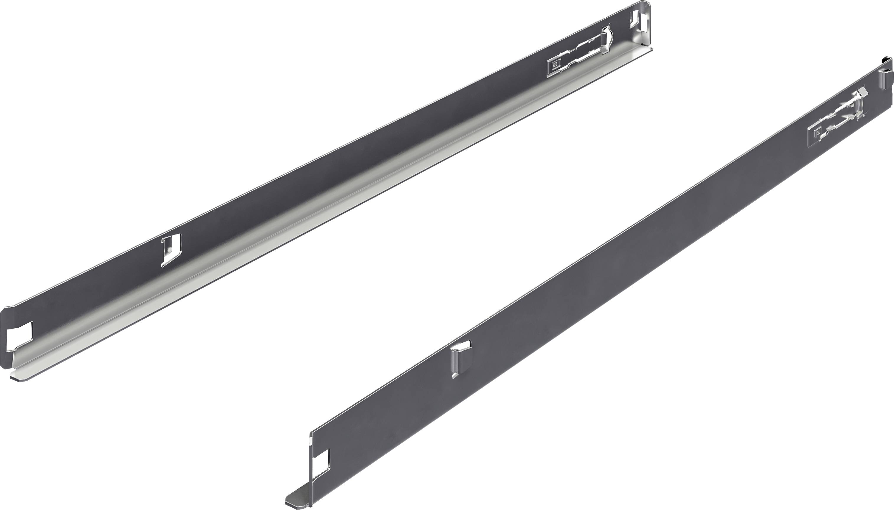 Two long, narrow metal components, possibly rails or mounting brackets, on a white background, with no further distinguishable details.
