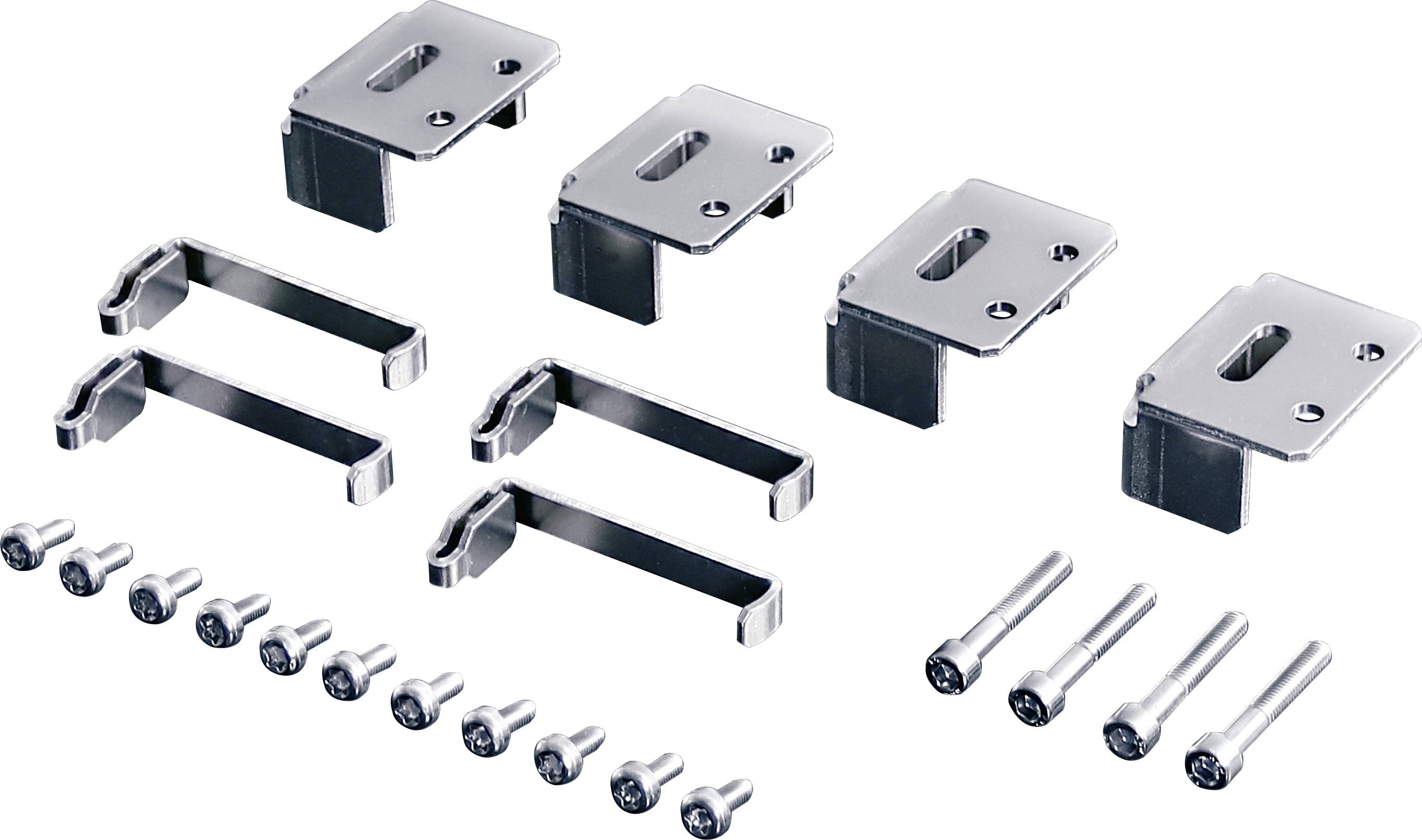 A set of fixing clips and metal screws, 12 screws and 4 clips in total, arranged on a white background.