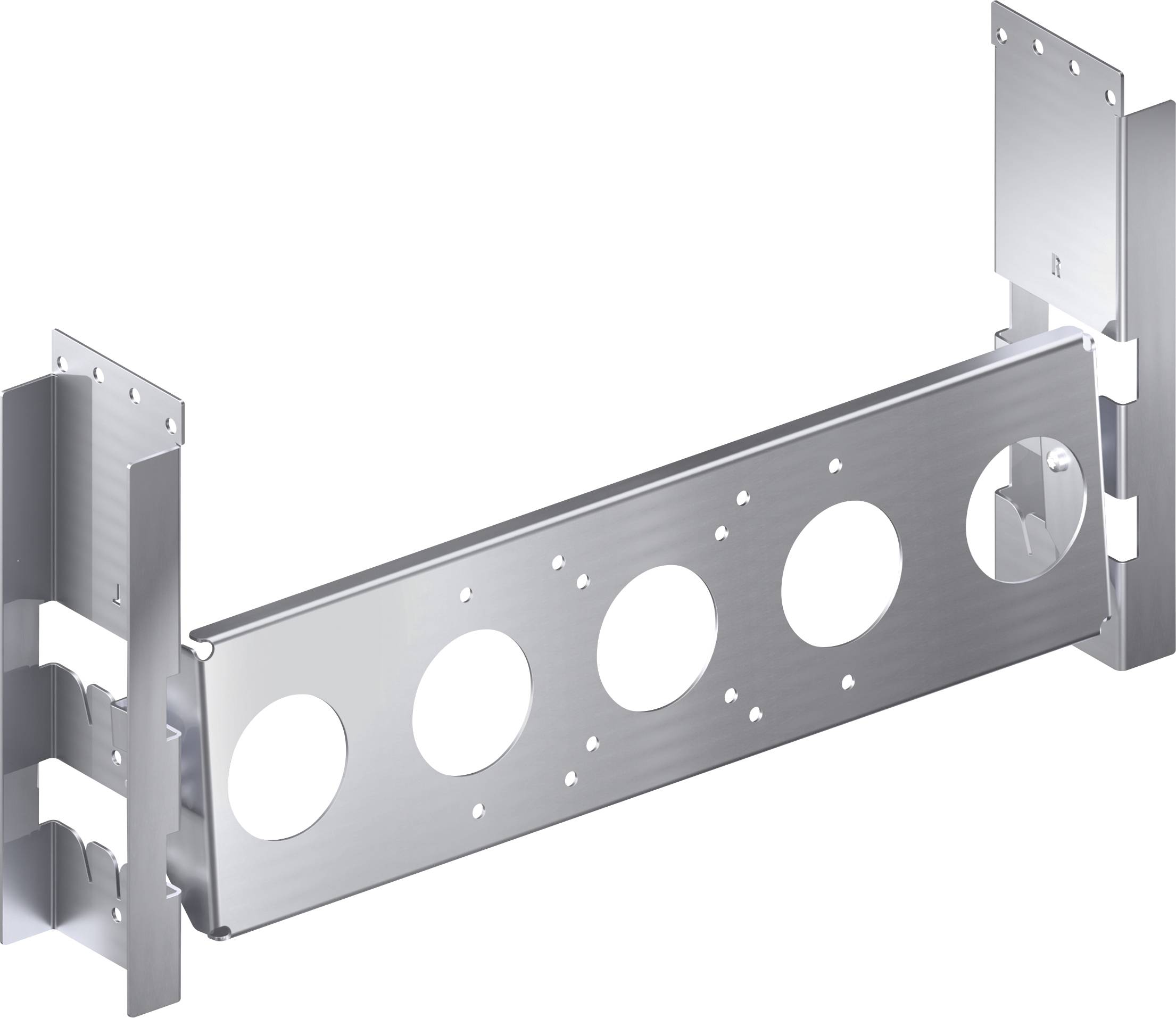 Metal mounting bracket with a rectangular frame and round cutouts, potentially suitable for industrial applications or installation.