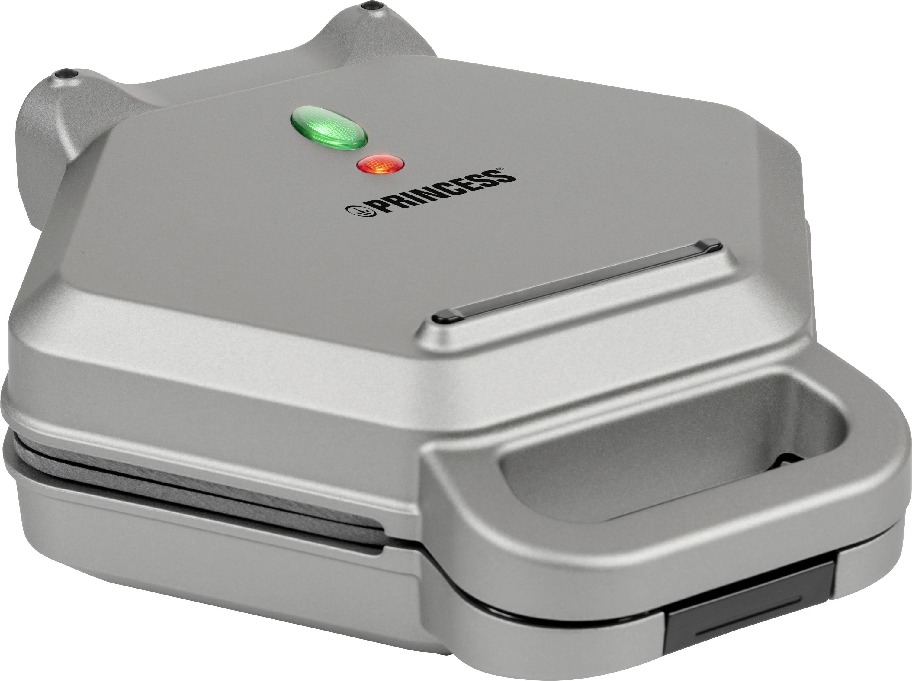 Silver waffle iron with green and red lights on top, indicating operational readiness or heating status.
