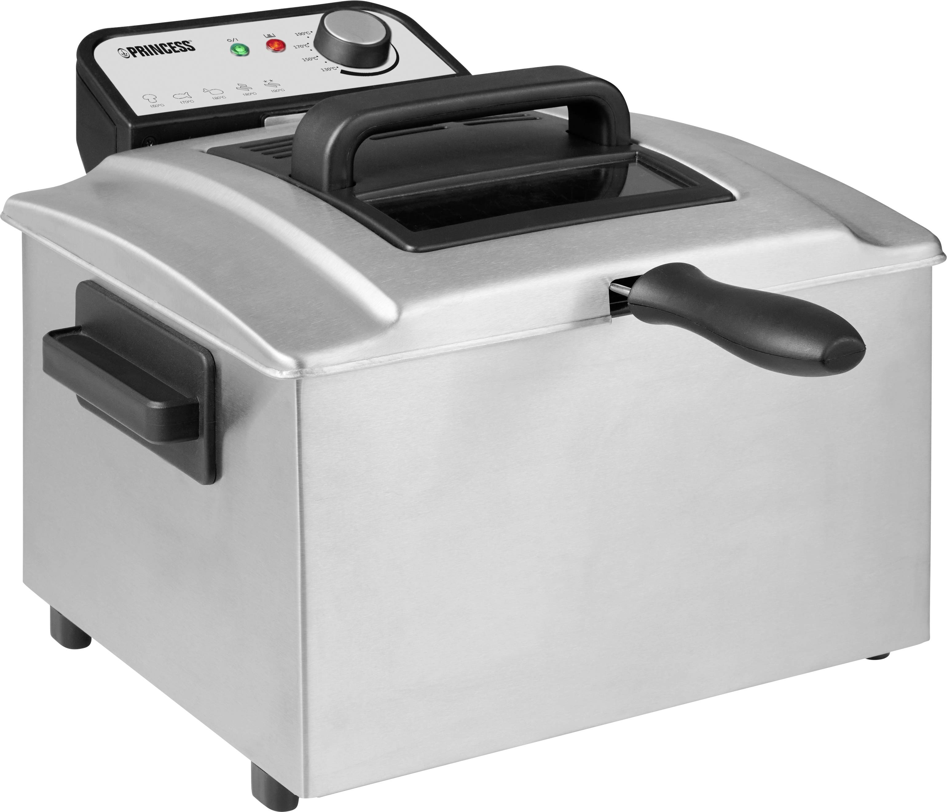 A silver electric deep fat fryer with a control panel on top, heat setting, and operating buttons.