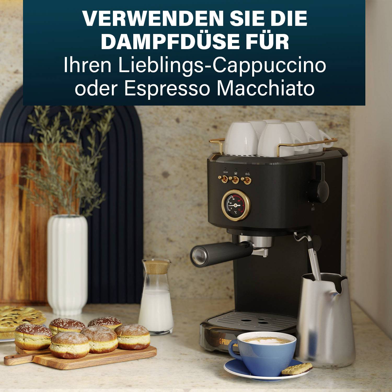 A black espresso machine on a kitchen counter with a cup and milk jug. Text at the top: 'Use the steam nozzle for' 'your favourite cappuccino or espresso macchiato'.