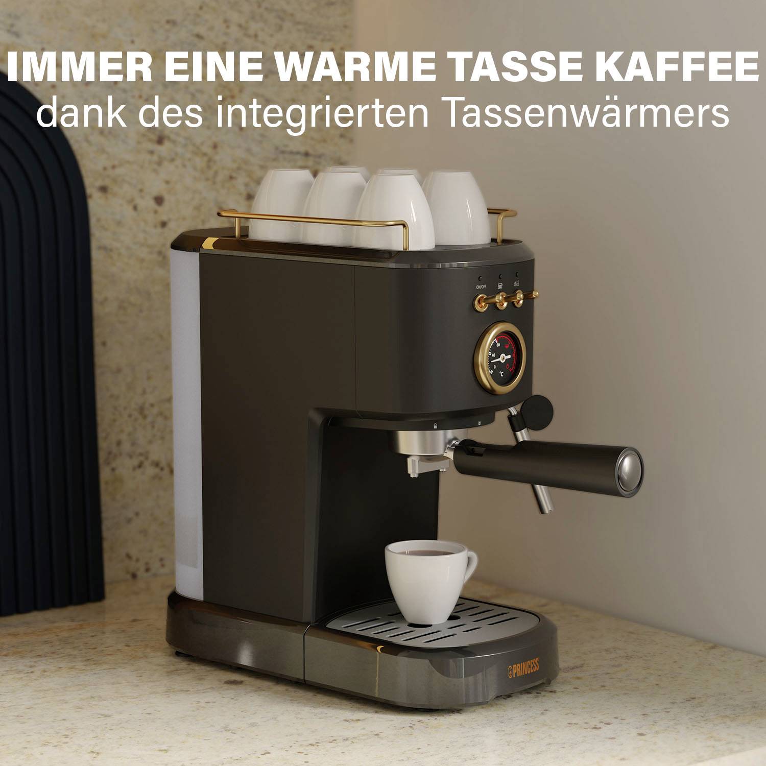 Coffee machine in modern design, black colour, with four cups on it. Text at the top: 'Always a warm cup of coffee thanks to the integrated cup warmer'.