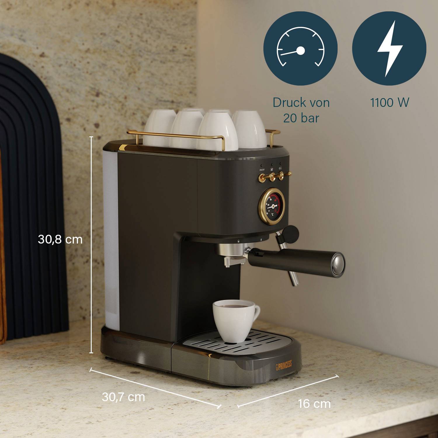 Espresso machine with cups on top, measuring 30.8 x 30.7 x 16 cm. Pressure: 20 bar, Power: 1100 W. Sits on a kitchen worktop.