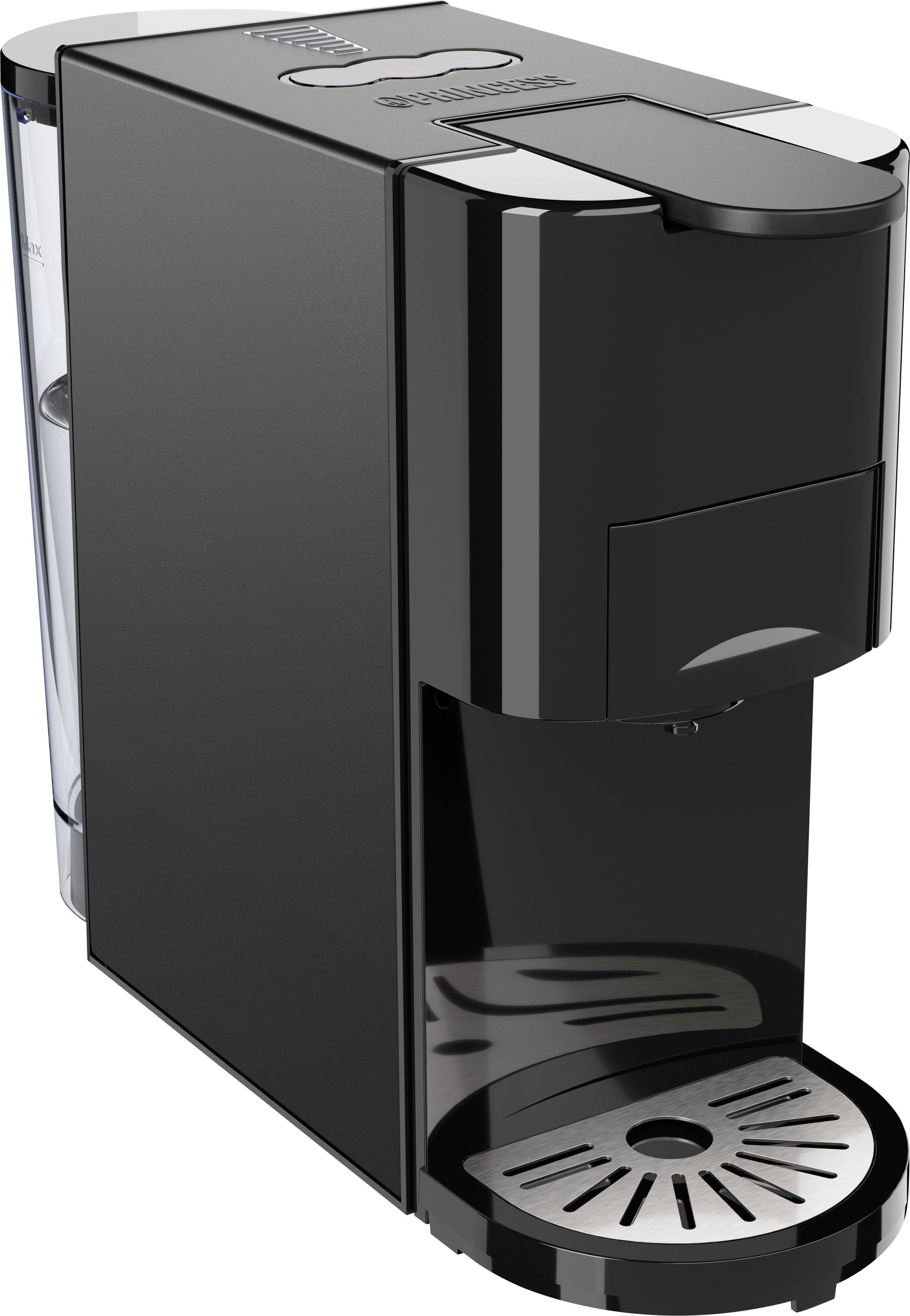 A black coffee machine with a removable water tank and drip tray, suitable for single servings.