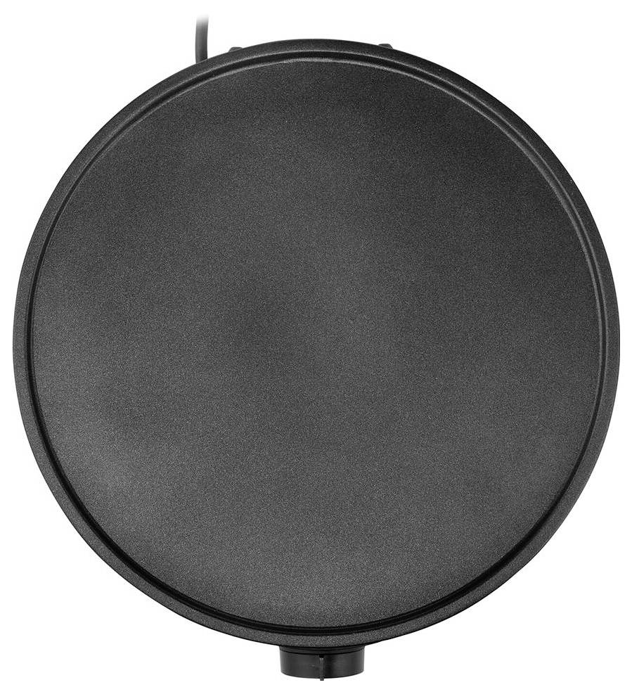 Black, round, smooth surface of a device viewed from above, possibly an electric hob or similar plate.
